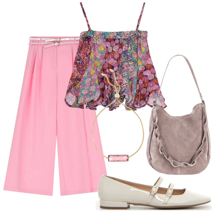 Outfit donna - Romantica. Stile Romantica per Serata fuori. Abbinamento con borse a mano, pantaloni a palazzo, braccialetti, canottiere, décolleté.