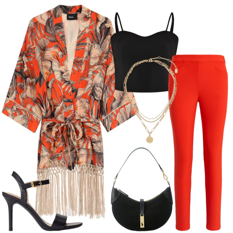 Outfit donna - Total look #2214732. Stile Chic per Serata fuori. Abbinamento con top, kimono, ciondoli, pantaloni, borse a spalla, sandali in pelle.