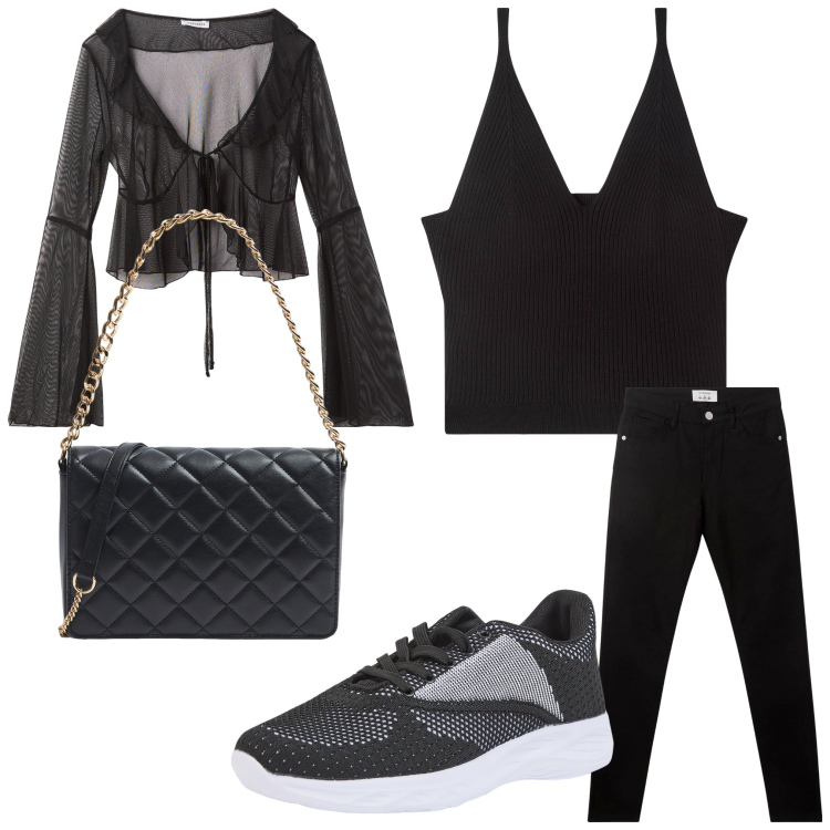 Outfit donna - Sporty monday. Stile Sporty chic per Ufficio. Abbinamento con bolero, top, pantaloni, sneakers, borse a tracolla.