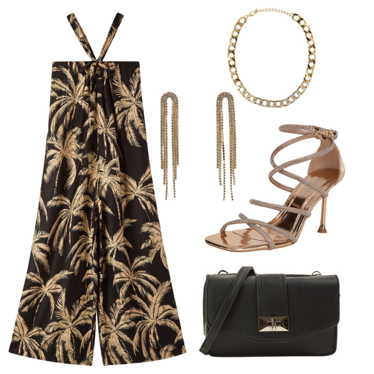 Outfit donna - Serate Terranova. Stile Chic per Serata fuori. Abbinamento con sandali col tacco, borse a tracolla, collane, tute, orecchini.