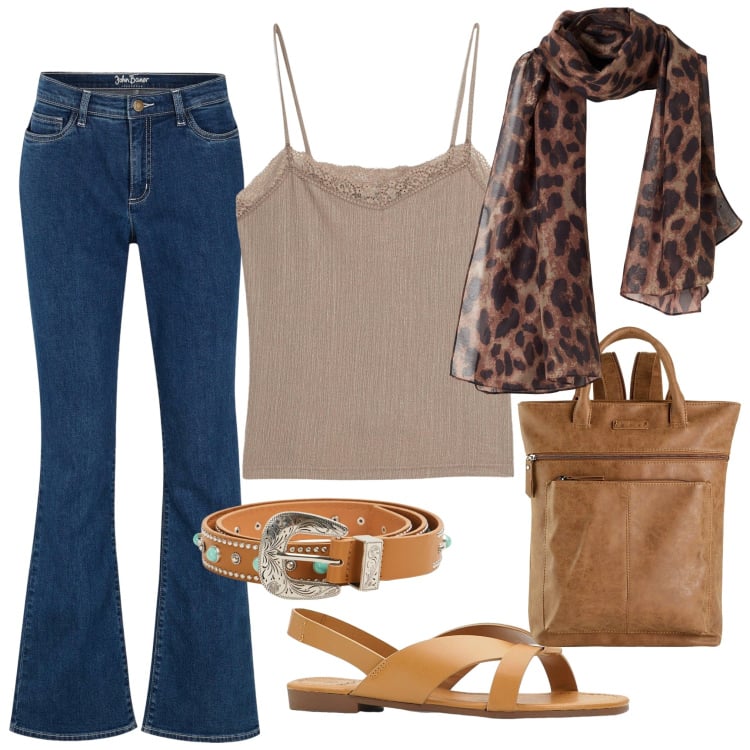 Outfit donna - Jeans Bonprix. Stile 70s per Tutti i giorni. Abbinamento con jeans bootcut, sandali, canottiere, sciarpe, zaini, cinture.