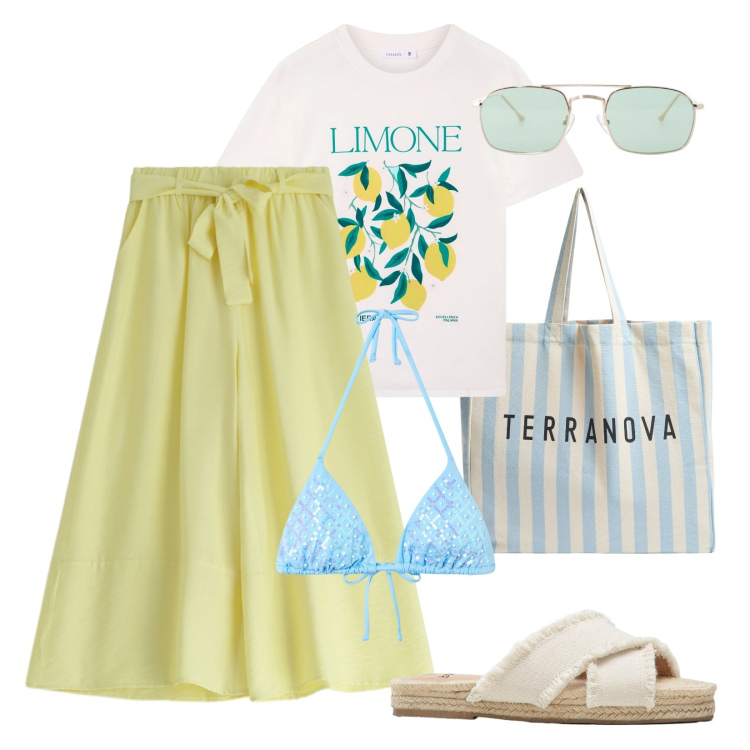 Outfit donna - Vacanza!. Stile Casual per Mare. Abbinamento con ciabatte, t-shirt, borse tote, bikini, pantaloni, occhiali da sole.