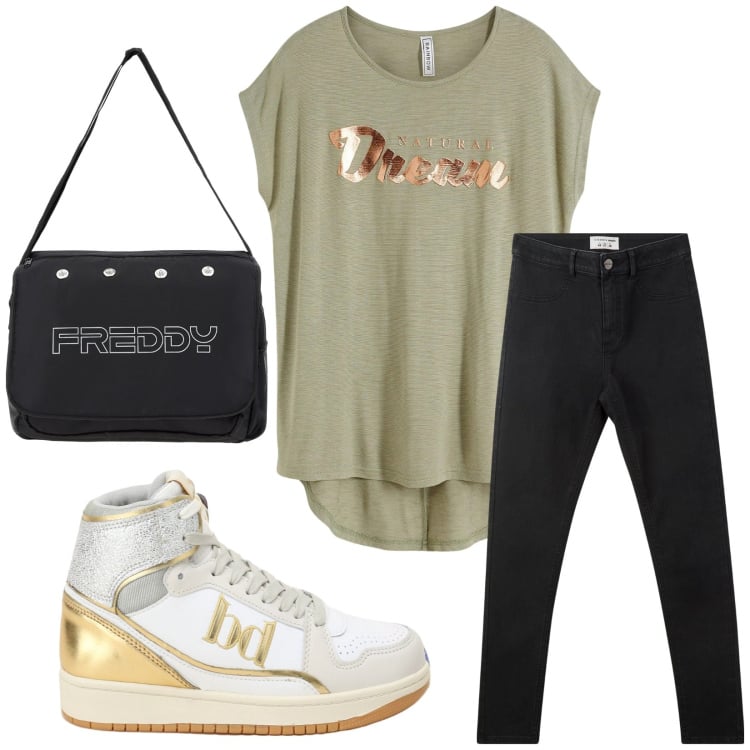 Outfit donna - Total look #2214748. Stile Basic per Tutti i giorni. Abbinamento con maglieria, jeggings, sneakers alte, borse messenger.