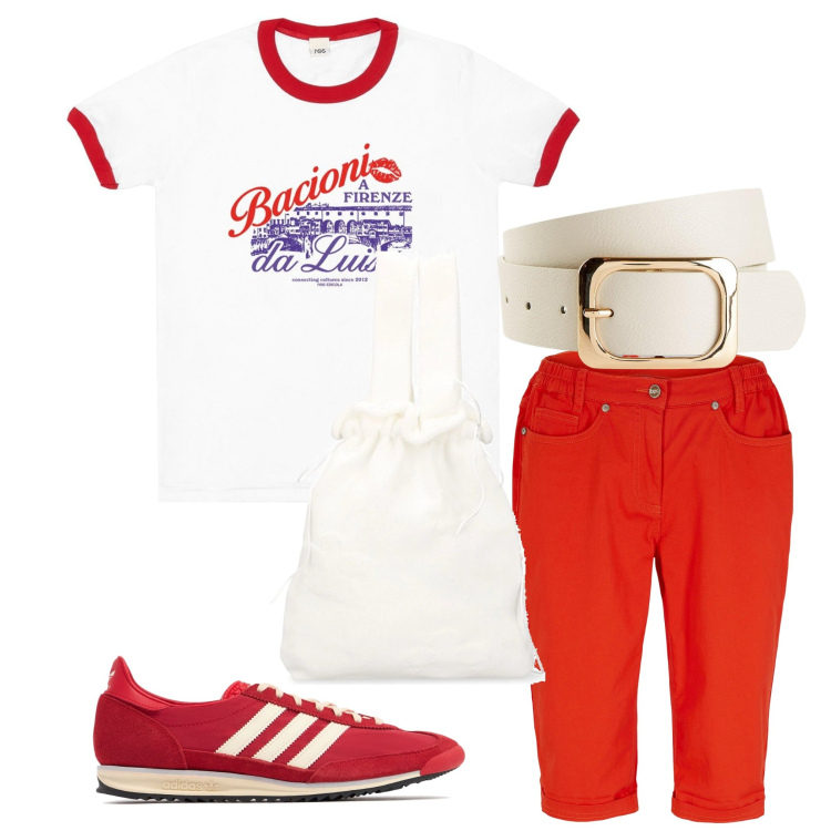 Outfit donna - Al parco. Stile Sporty chic per Sport. Abbinamento con cinture, bermuda, borse a mano, sneakers, t-shirt.