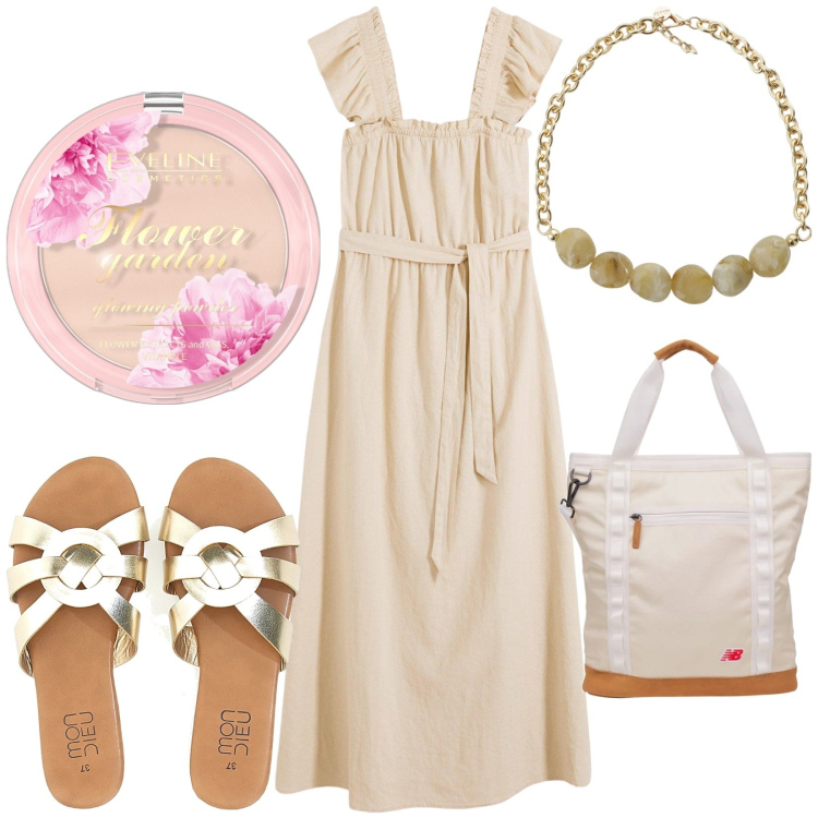 Outfit donna - Total look #2214753. Stile Casual per Mare. Abbinamento con vestiti lunghi, ciprie, shopping bag, collane, ciabatte.