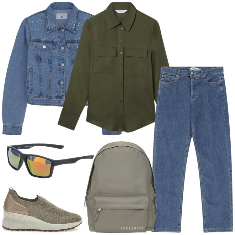 Outfit donna - Total look #2214754. Stile Casual per Tutti i giorni. Abbinamento con zaini, camicie, cappotti, jeans dritti, scarpe stringate, occhiali da sole.