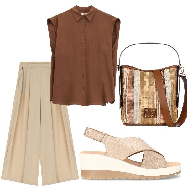 Outfit donna - Di sera ad Agosto. Stile Casual per Tutti i giorni. Abbinamento con pantaloni, camicie, borse a secchiello, sandali col tacco.