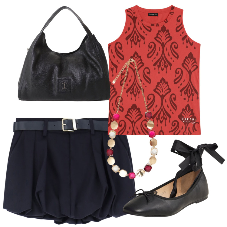 Outfit donna - Gonna e top. Stile Trendy per Tutti i giorni. Abbinamento con ballerine, minigonne, pochette, canottiere, collane.