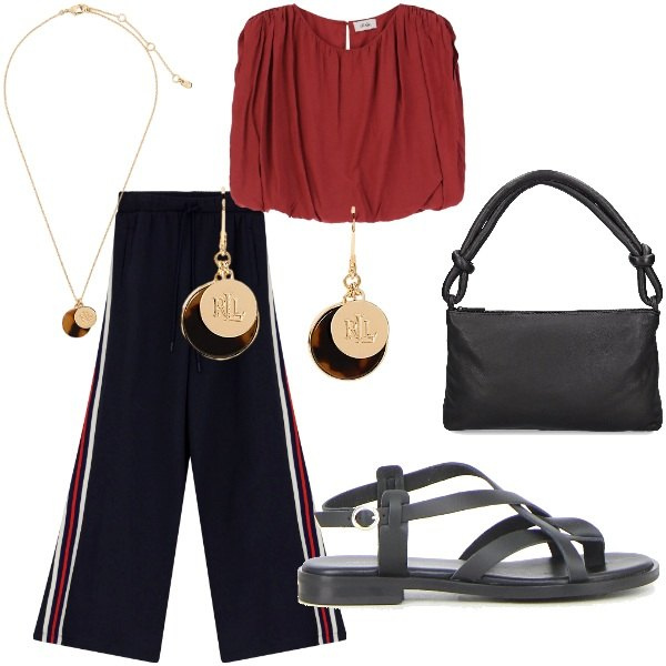 Outfit donna - Serata tra amici. Stile Casual per Serata fuori. Abbinamento con top, pantaloni, orecchini, collane, borse a spalla, sandali.