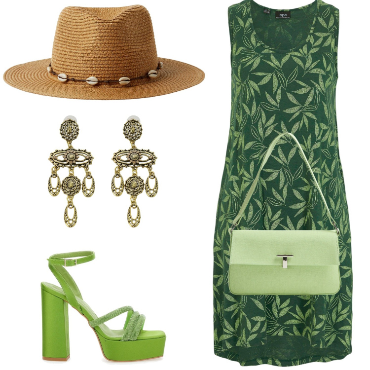 Outfit donna - Total look #2214760. Stile Chic per Tutti i giorni. Abbinamento con vestiti senza maniche, borse a spalla, cappelli, orecchini, sandali col tacco.