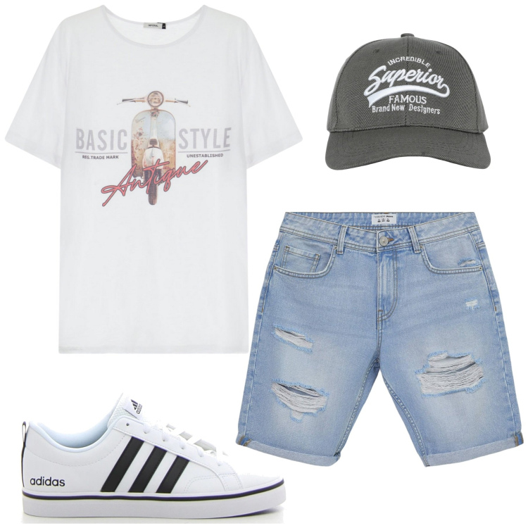 Outfit uomo - Total look #2214761. Stile Casual per Tutti i giorni. Abbinamento con cappelli con visiera, bermuda, t-shirt, sneakers.