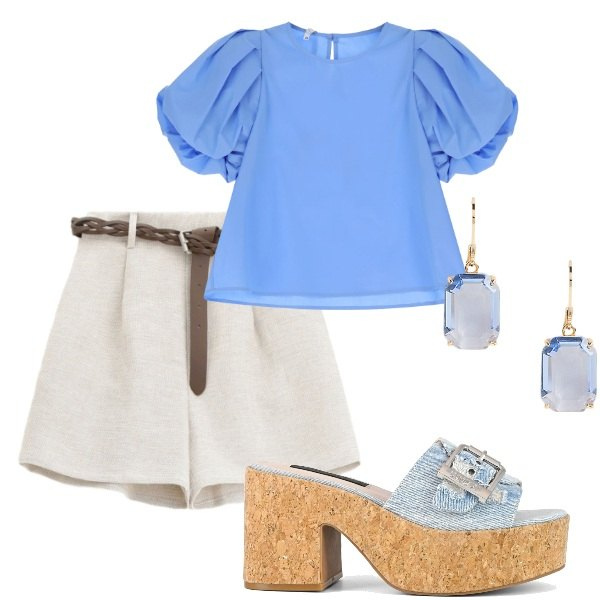 Outfit donna - Serata tra amici. Stile Casual chic per Serata fuori. Abbinamento con bluse, shorts, orecchini, sandali.