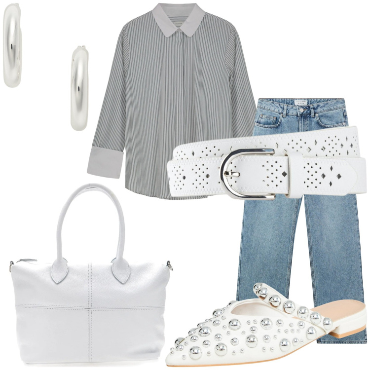 Outfit donna - Total look #2214767. Stile Casual chic per Tutti i giorni. Abbinamento con cinture, jeans, ballerine, orecchini, camicie, borse a mano.