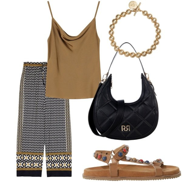 Outfit donna - Di sera ad Agosto. Stile Casual chic per Tutti i giorni. Abbinamento con borse a tracolla, sandali, top, braccialetti, pantaloni.