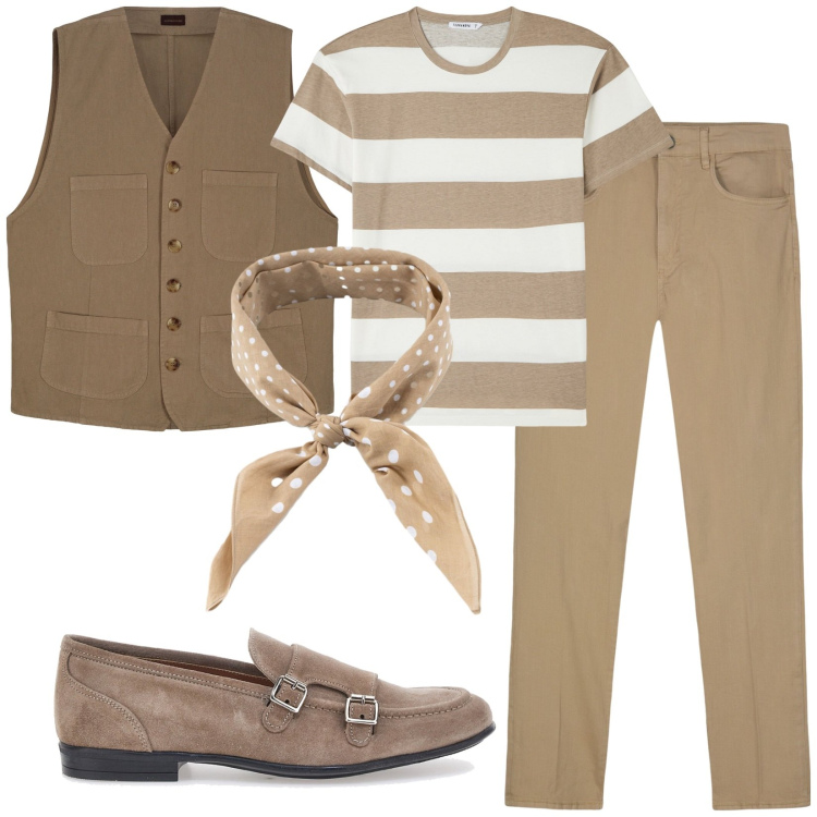 Outfit uomo - Total look #2214776. Stile Trendy per Serata speciale. Abbinamento con t-shirt, sciarpe e foulard, scarpe stringate, pantaloni, gilet.