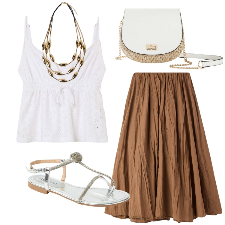 Outfit donna - Passeggiata in centro. Stile Romantica per Tutti i giorni. Abbinamento con borse a tracolla, canottiere, gonne lunghe, ciabatte, collane.