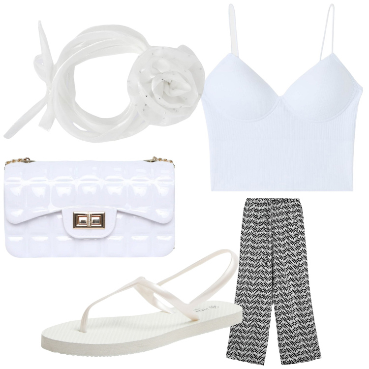 Outfit donna - In riviera. Stile Chic per Serata fuori. Abbinamento con pantaloni, top, sandali, collane, borse a tracolla.