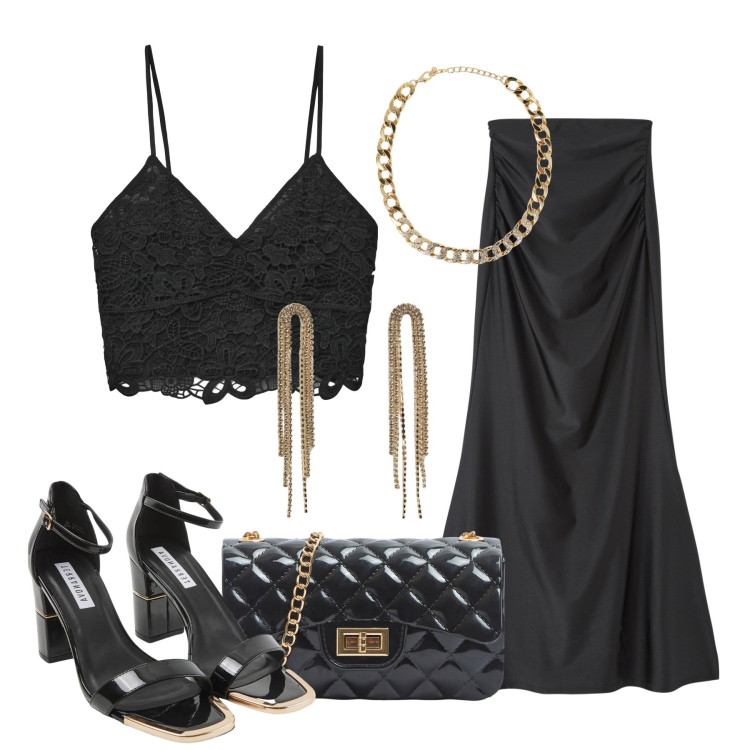 Outfit donna - Uscita glam. Stile Glamour per Tutti i giorni. Abbinamento con gonne lunghe, borse a tracolla, collane, sabot, orecchini, top.