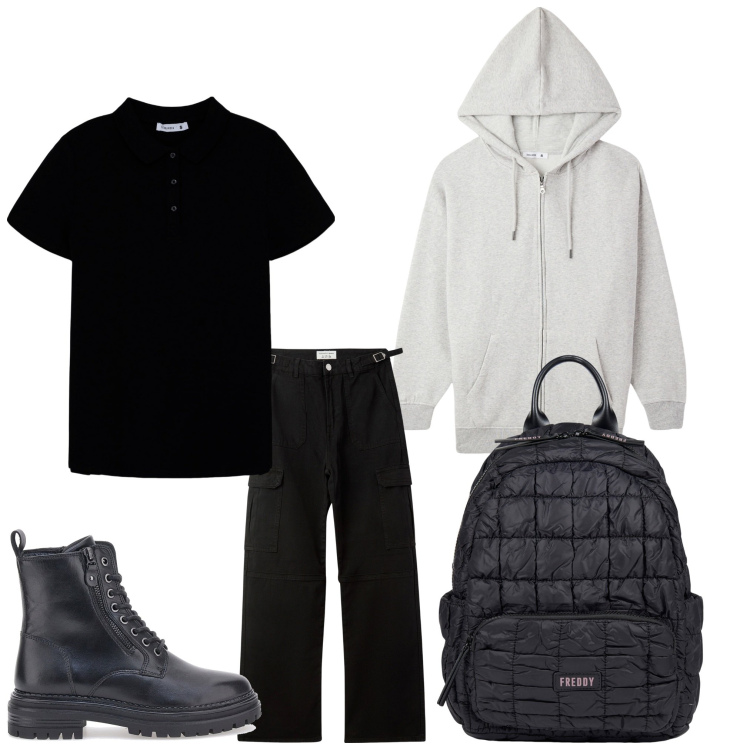 Outfit donna - Val Gardena. Stile Casual per Tutti i giorni. Abbinamento con polo, felpe con cappuccio, pantaloni cargo, zaini, anfibi.