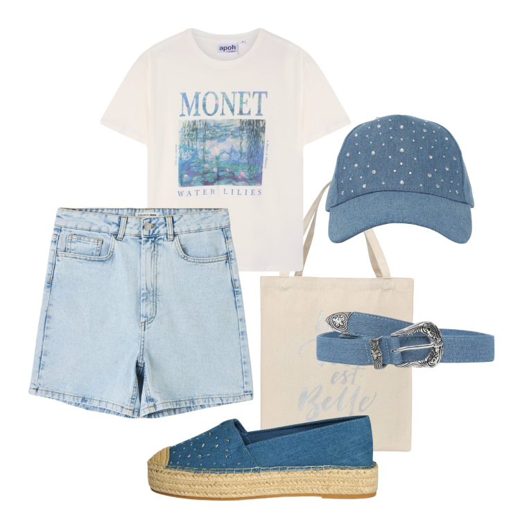 Outfit donna - Relax in città. Stile Casual per Tutti i giorni. Abbinamento con t-shirt, bermuda, cinture, espadrillas, cappelli, borse tote.