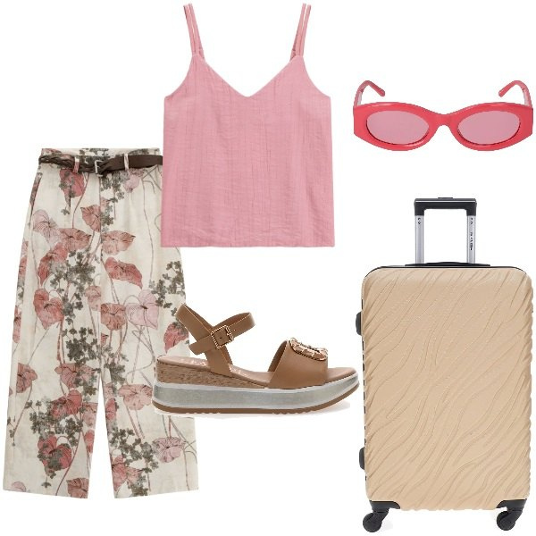 Outfit donna - Si parte........ Stile Casual per Tutti i giorni. Abbinamento con pantaloni, top, sandali, valigie, occhiali da sole.