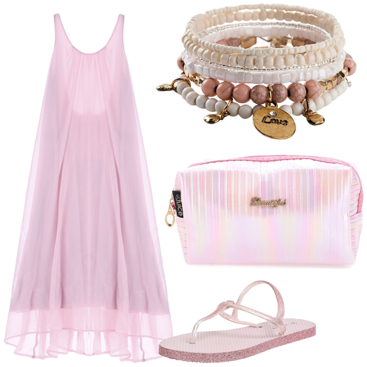 Outfit donna - Rosa etno. Stile Boho per Serata fuori. Abbinamento con braccialetti, sandali, vestiti lunghi, valigie.