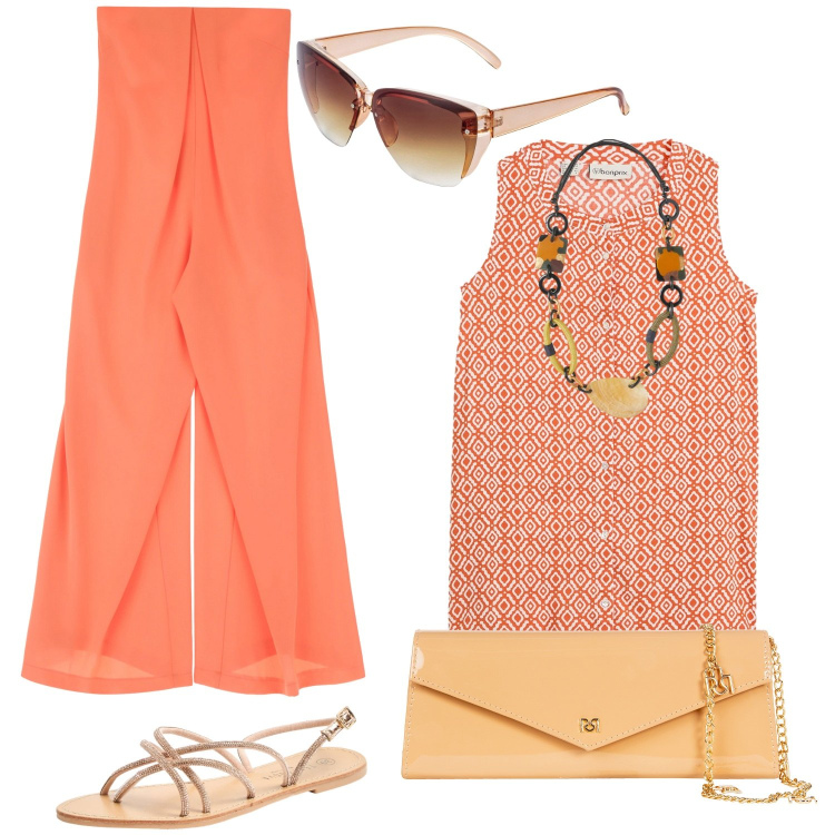 Outfit donna - AranciAmi. Stile Casual chic per Tutti i giorni. Abbinamento con occhiali da sole, bluse, sandali, pochette, tute, collane.