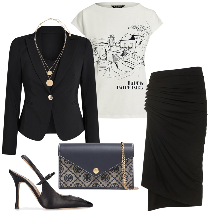 Outfit donna - Una bella serata. Stile Sexy per Serata fuori. Abbinamento con blazer, ciondoli, t-shirt, gonne longuette, décolleté, pochette.