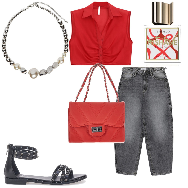 Outfit donna - Total look #2214796. Stile Casual per Tutti i giorni. Abbinamento con profumi, jeans, top, sandali, borse a tracolla, collane.