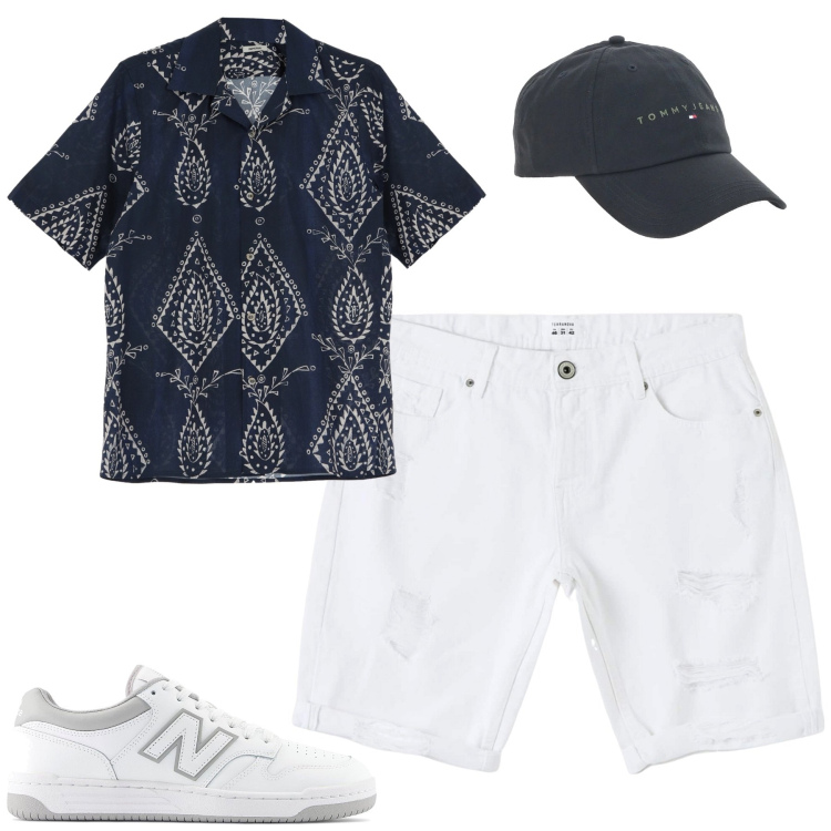 Outfit uomo - Agosto. Stile Casual per Tutti i giorni. Abbinamento con bermuda, camicie a manica corta, cappelli, sneakers.