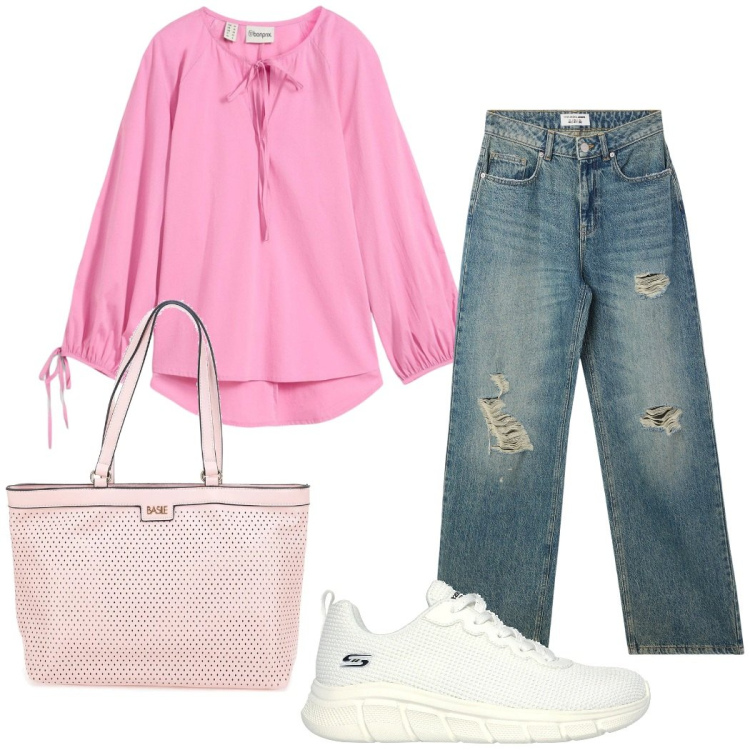 Outfit donna - Total look #2214803. Stile Casual per Tutti i giorni. Abbinamento con tuniche, jeans strappati, borse a spalla, sneakers.