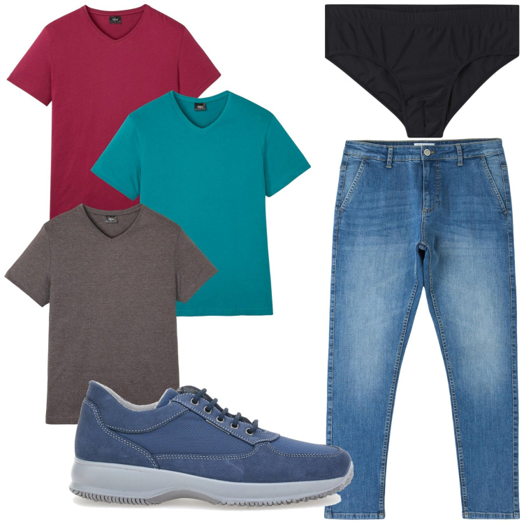 Outfit uomo - Total look #2214808. Stile Casual per Tutti i giorni. Abbinamento con t-shirt, costumi, jeans skinny, scarpe stringate.