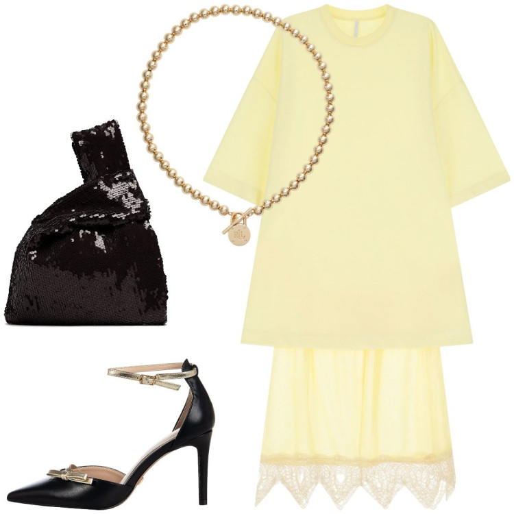 Outfit donna - Total look #2214810. Stile Chic per Cerimonia. Abbinamento con décolleté, vestiti midi/longuette, collane, pochette.