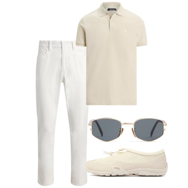 Outfit uomo - Agosto. Stile Casual per Tutti i giorni. Abbinamento con pantaloni, polo, occhiali da sole, sneakers.