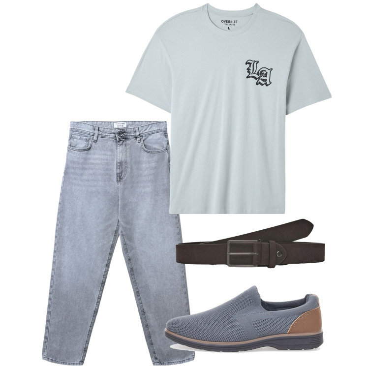 Outfit uomo - Agosto. Stile Casual per Tutti i giorni. Abbinamento con t-shirt, cinture, jeans, scarpe stringate.