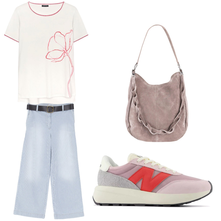 Outfit donna - Aperitivo. Stile Trendy per Tutti i giorni. Abbinamento con borse a mano, sneakers, pantaloni, t-shirt.