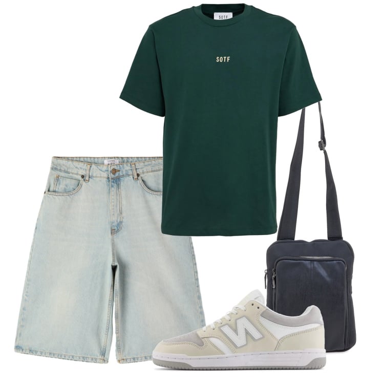 Outfit uomo - Agosto. Stile Casual per Tutti i giorni. Abbinamento con bermuda, sneakers, portafogli, t-shirt.