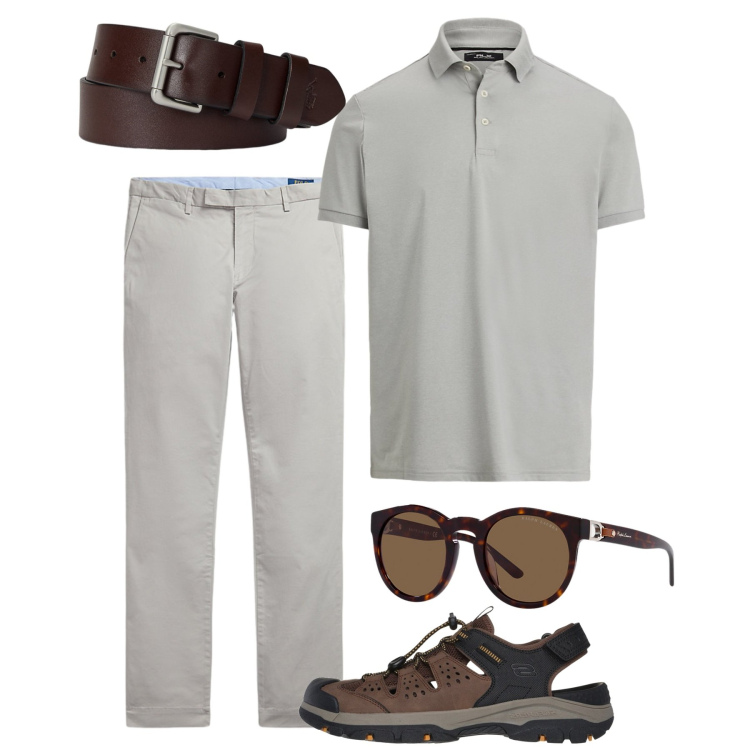 Outfit uomo - Agosto grigio e cuoio. Stile Casual per Tutti i giorni. Abbinamento con cinture, polo, pantaloni chino, occhiali da sole, sandali.