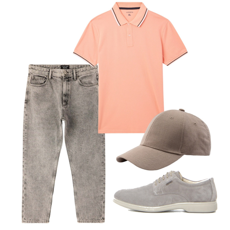 Outfit uomo - Peach. Stile Casual per Tutti i giorni. Abbinamento con polo, jeans dritti, scarpe stringate, cappelli con visiera.