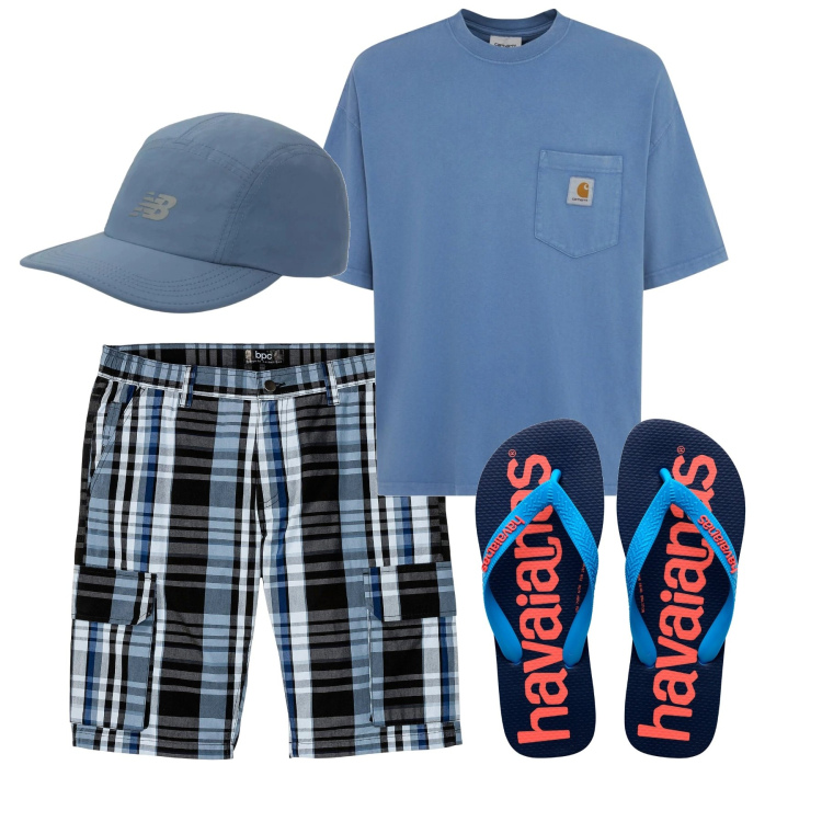 Outfit uomo - Lungomare. Stile Casual per Tutti i giorni. Abbinamento con bermuda, cappelli con visiera, sandali, t-shirt.