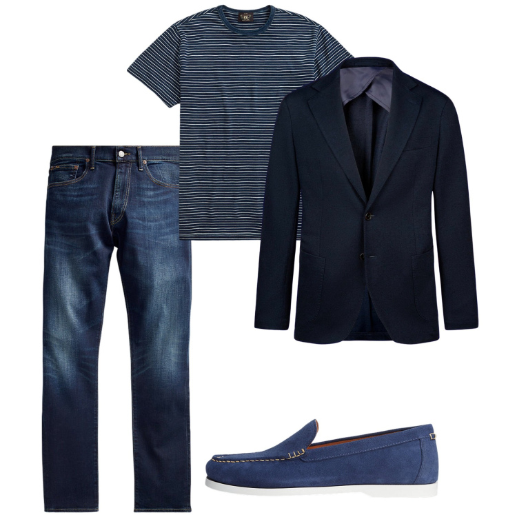 Outfit uomo - Agosto blu. Stile Casual per Tutti i giorni. Abbinamento con t-shirt, jeans, scarpe stringate, giacche.