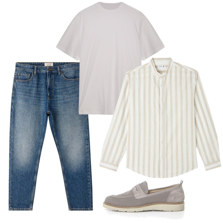 Outfit uomo - Camicia in lino oversize. Stile Casual per Tutti i giorni. Abbinamento con jeans, camicie, t-shirt, scarpe stringate.