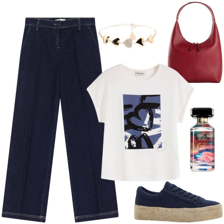 Outfit donna - Total look #2214851. Stile Casual per Ufficio. Abbinamento con t-shirt, sneakers, shopping bag, profumi, jeans dritti, braccialetti.