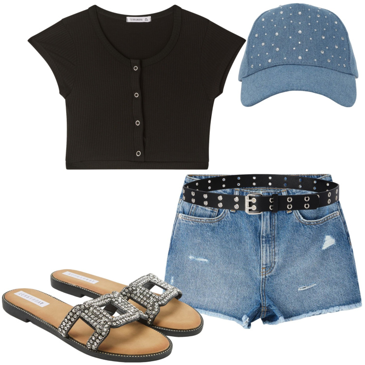 Outfit donna - In vacanza. Stile Casual per Mare. Abbinamento con ciabatte, cappelli, shorts, top, cinture.