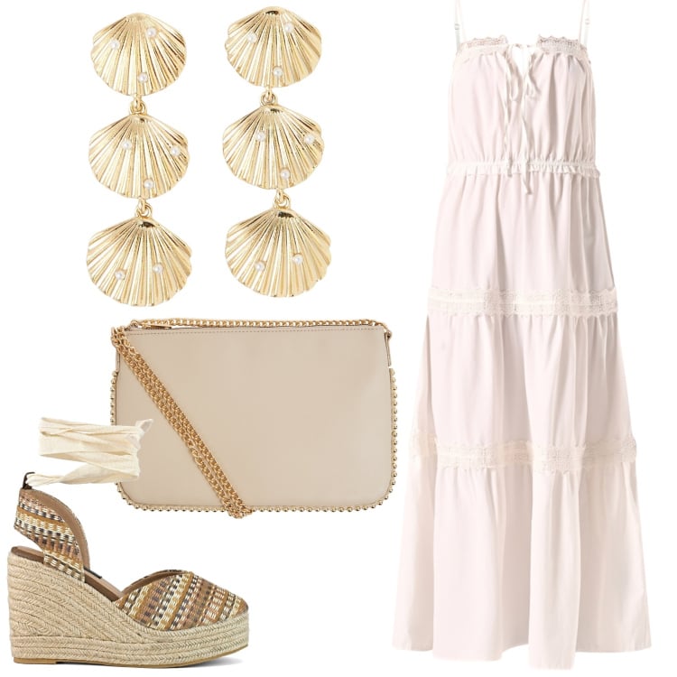 Outfit donna - In lungo. Stile Boho per Serata fuori. Abbinamento con borse a tracolla, orecchini, vestiti lunghi, zeppe.