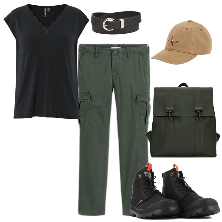 Outfit mujer - Basic #4087. Estilo Basic para Todos los días. Combinación con sneakers, pantalones cargo, camiseta, sombreros, mochilas, cinturones.