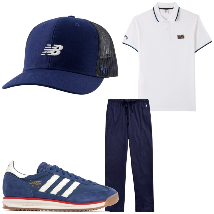 Outfit uomo - Una polo e via. Stile Casual per Tutti i giorni. Abbinamento con polo, cappelli con visiera, pantaloni, sneakers.