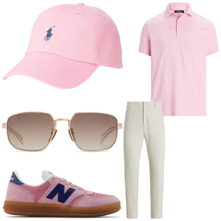Outfit uomo - Mr.Pink. Stile Casual per Tutti i giorni. Abbinamento con sneakers, cappelli, pantaloni, polo, occhiali da sole.