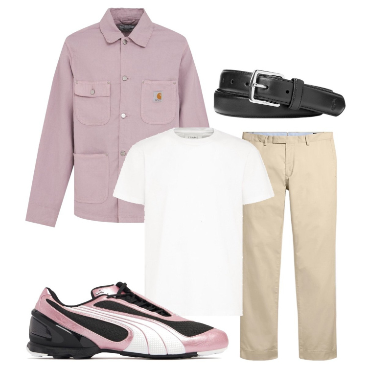 Outfit uomo - Serata in compagnia. Stile Trendy per Serata speciale. Abbinamento con cinture, pantaloni chino, t-shirt, giacche, sneakers.