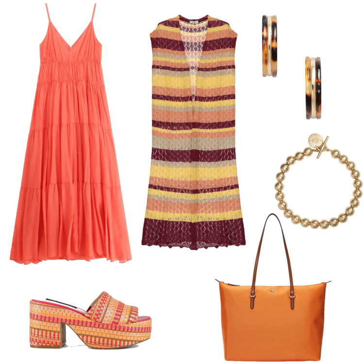 Outfit donna - Colori pieni di vita. Stile Boho per Serata fuori. Abbinamento con vestiti lunghi, gilet, borse tote, orecchini, braccialetti, zeppe.